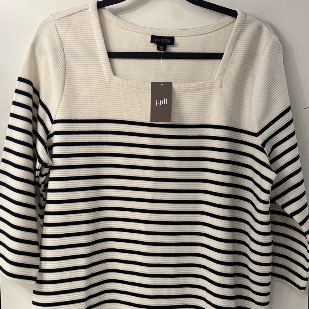 J. Jill Cream and Navy Ribbed Square-Neck Top